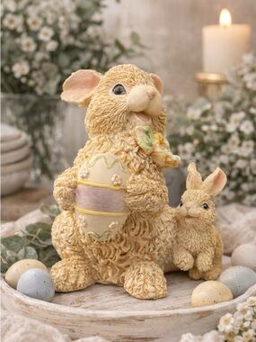 K’s Collection Easter Bunny Figurine Holding Egg w Baby Bunny Resin Spring Decor